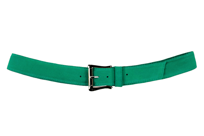 Emerald green women's dress belt, matching pumps and bags. Made to measure. Profile view - Florence KOOIJMAN